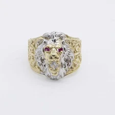 Lion Ring Ruby Eyes & CZ Solid Real 10K Yellow White Gold All Sizes