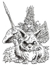 Gnome Warrior on Battle Bunny-OOAK Ink Drawing-Original Art