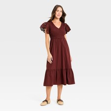 Women's Flutter Short Sleeve Smocked Midi A-Line Dress - Universal Thread Maroon
