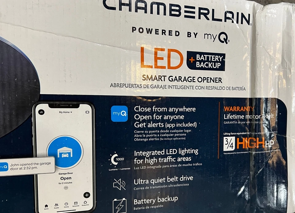 Chamberlain 3/4 HP LED Smart Belt Drive Abridor de Puerta de Garaje con Batería de Respaldo*ABIERTO Foto 2 de 2
