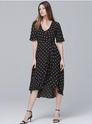 White House Black Market Wrap Dress Small Black Polka Dot HighLow Flatter Sleeve
