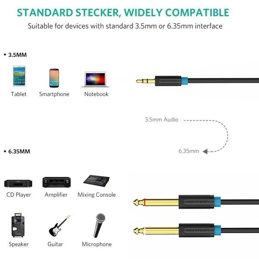 3.5mm to 6.35mm 1/8" TRS to Double 1/4" TS Stereo Y-Splitter Cable for Speaker - Image 2 of 4