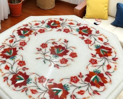 24" White Marble and Carnelian Coffee Table Gemstone Inlay Furniture for Home De - Picture 4 of 10