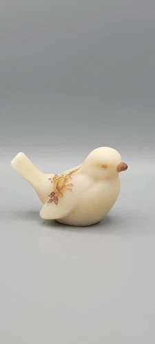VTG Fenton Satin Custard Glass Bird Hand Painted Chocolate Rose Artist Signed