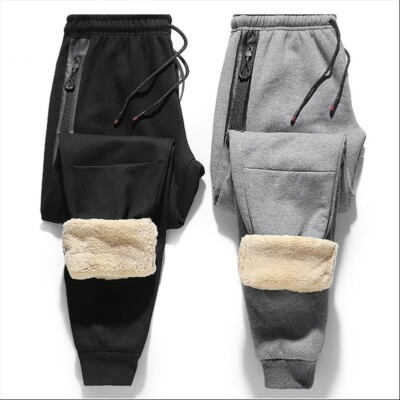 Men Athletic Pants Fleece Thick Trousers Pockets Elastic Waist Loose Outdoor SPW