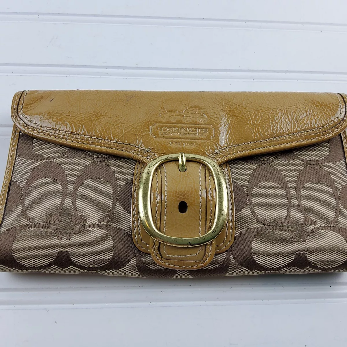 Coach Signature Patent Leather Trim Buckle Wallet Brown
