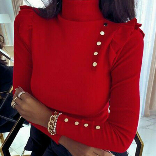 Women Ladies Casual Ruffle Puff Sleeve Jumper Blouse Top Knit High Neck Sweater - Picture 9 of 15