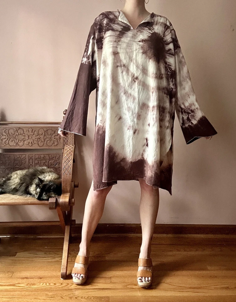 Túnica Vintage Manga Larga - Tie Dye Marrón Caftán - Top Hippie Boho Años 70 Mini Foto 2 de 4