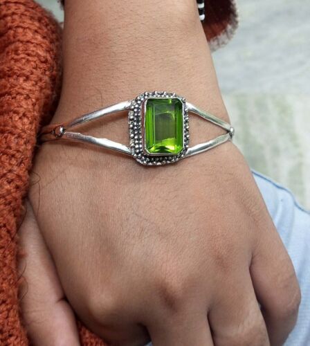 Peridote Topaz Gemstone 925 Sterling Silver Handmade Bracelet Cuff RM-25 - Picture 3 of 5