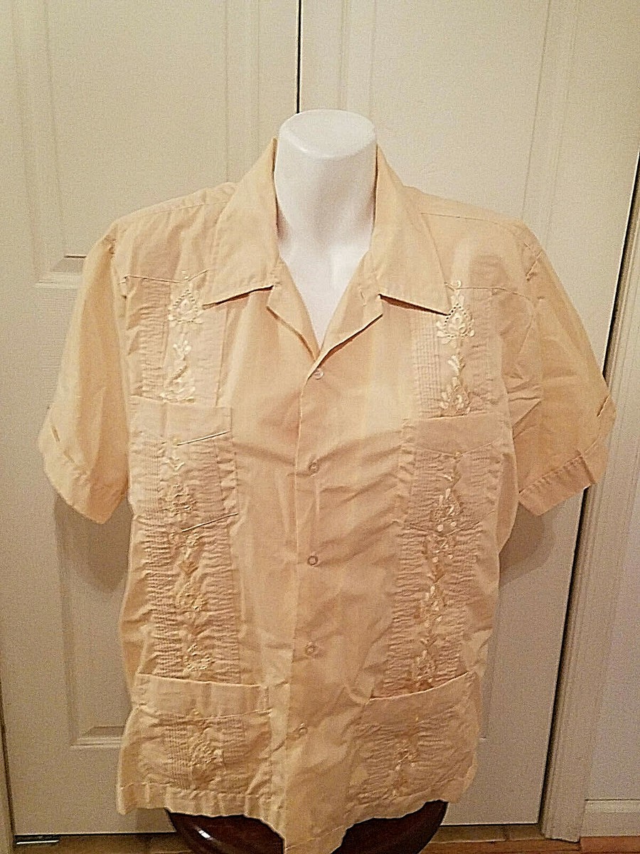 Vintage 70s Guayabera Chichen Itza Mens L Wedding Beige Shirt 