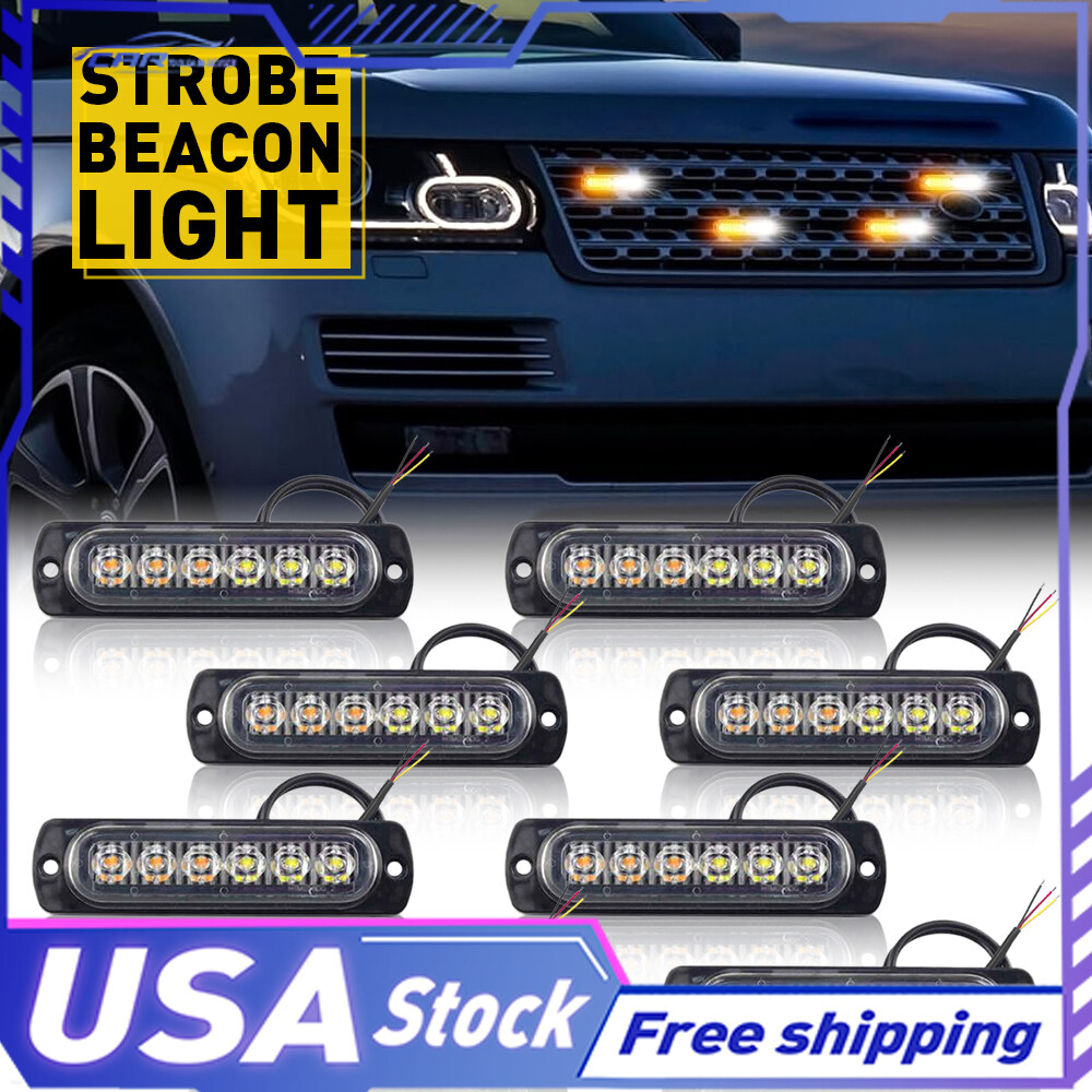 Amber/White Car 6LED Truck Emergency Warning Hazard Beacon Flash Light Strobe