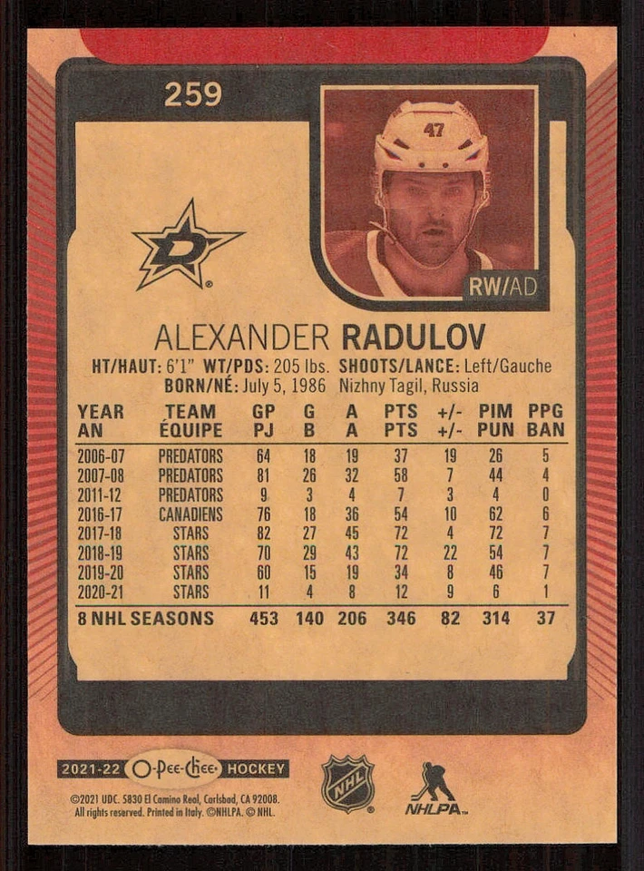 2021-22 O-Pee-Chee Red #259 Alexander Radulov - Image 2 of 2