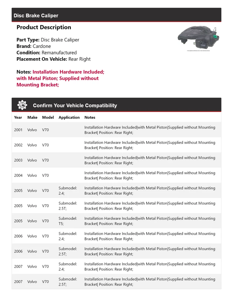 Pinza de freno de disco trasera derecha Cardone 2002 2003 2004 para Volvo V70 2001-2007 Foto 2 de 4