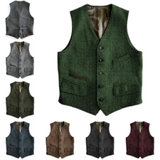 Mens Tweed Vest Vintage Cowboy Hunting Herringbone Wool Vests M Large XL XXL 3XL