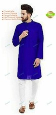 Indian Cotton Shirt kurta Mens Tunic Top Blue Color Plus Size Solid High Neck