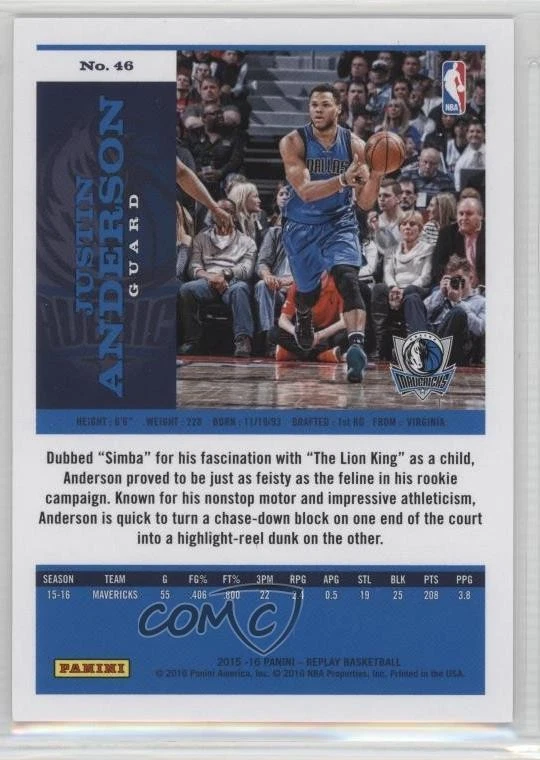 2015-16 Panini Replay Red /49 Justin Anderson #46 Rookie RC - Image 2 of 2
