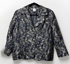 Chicos Womens Size 2 L 12 Navy Metallic Jacquard Brocade Floral Blazer Jacket