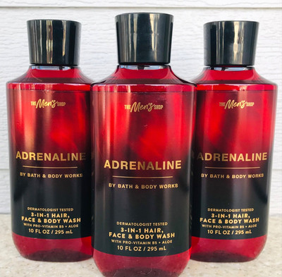 3 Bath & Body Works ADRENALINE 3-in-1 Hair Face & Body Wash 10oz LOT of 3