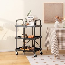 Folding Collapsible Service Cart Rolling Cart w/ 4 Universal Wheels Black