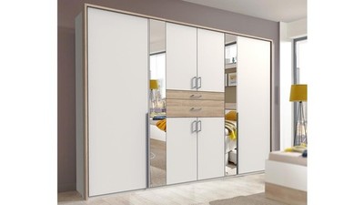 Kleiderschrank Odessa Drehtürenschrank in weiß und Eiche Sägerau mit Spiegel