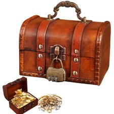 DXPETA Wooden Treasure Chest, Keepsake Storage Box with Secure Lid, Red-brown