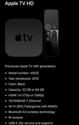 Apple TV HD Media Streamer (4th Gen.) 32GB - Black A1625 / MR912LL/A -