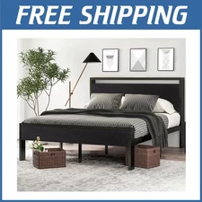 Rustic Full Size Bed Frame, Wooden Headboard, Metal Platform