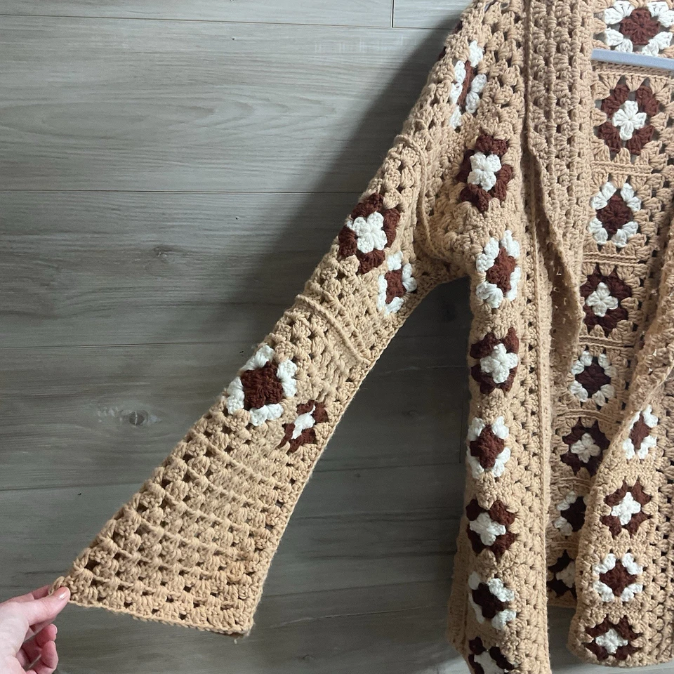 Crochet Granny Square Handmade Cardigan Tan Brown L XL Boho Hippie Open Front - Image 3 of 4