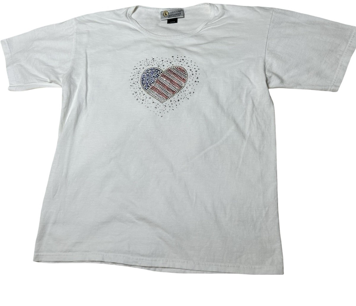 Christine Alexander Rhinestone USA Heart T-shirt Women Size M White Short Sleeve