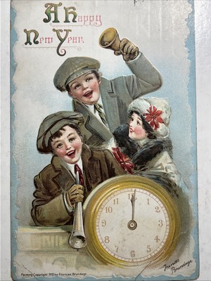 Frances Brundage Artist Signed Postcard New Years Greetings Bell Clock #302