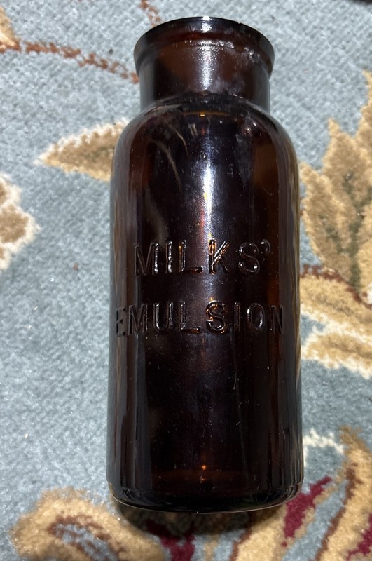 Embossed Milks' Emulsion Antique Brown Glass Approx 6 1/8" Tall x 2.75" Wide