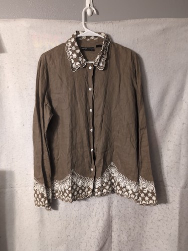 Dana Buchman Women’s Size 12 Brown 100% Linen Blouse Button Up Embroidered Boho - Picture 2 of 7