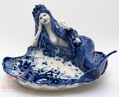 Gzhel Porcelain mermaid dish plat tray server hand painted Блюдо Русалка