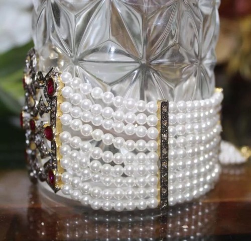 3.42ct Rose Cut Diamond 925 Sterling Silver Ruby Pearl Wedding Bracelet - Picture 6 of 13