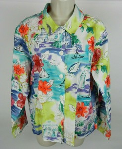 Coldwater-Creek-M-Womens-Blouse-LS-Blue-White-Yellow-Floral-Button-Down-Front