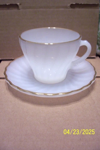 Vintage Fire King - Anchor Hocking White Swirl w/ Gold Rim - Cup & Saucer