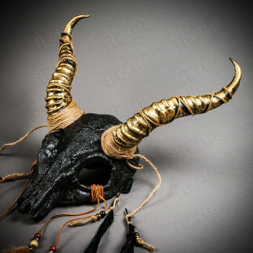 Antelope Devil Animal Skull with Gold Impala Horns Party Masquerade Mask Black - Picture 3 of 8