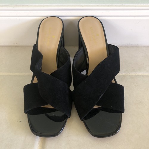 Kate Spade Black Suede / Patent Leather Criss-Cross Open Toe Heels Size 7.5M - Picture 2 of 8
