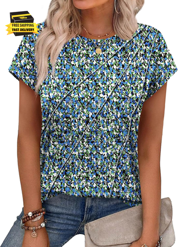 Womens Tops Summer Cap Sleeve Pleated Crewneck T Shirts Loose Fit Dressy Casual