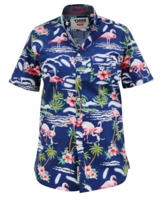 Chemise Aop Hawaiian D555 Pour Homme Durham Flamant Rose En Bleu 2XL À 6XL - Photo 1/4