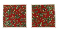 Vtg Beachwood Ceramic Trivet Set 2 Cork Back 6" Square Christmas Red Green Holly