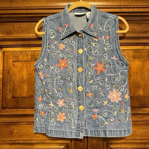 Denim Vest Embroidered Floral Buttons Colorful Granny Cottage Core Vintage EUC