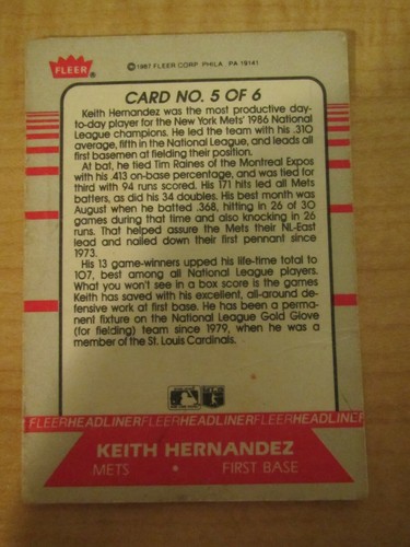1987 Fleer Headliner Baseball Keith Hernandez #5 of 6 New York Mets - Picture 2 of 2
