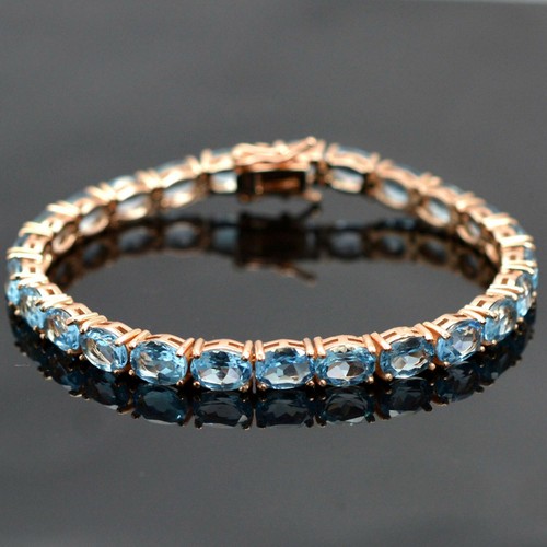 Natural Topacio Azul Suizo Gema 14K Oro Rosa Chapado De 925 Plata Tenis Pulsera - Imagen 5 de 8