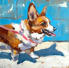 Original Oil Painting Corgi Dog Portrait Whimsical Animal Wall Art 8x8"