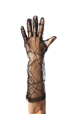 Gants Femmes Dentelle Noir Halloween Toile D'Araignée Gothique Vampire Sorcière - Photo 1/2