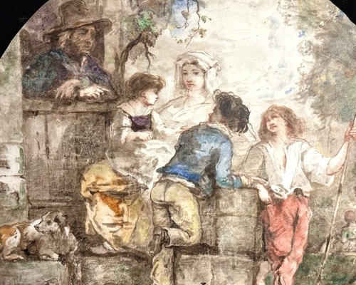 Large Painted Signed Oil on Porcelain Plate, Adults, Children & Dog, Rare 19th c - Picture 3 of 10