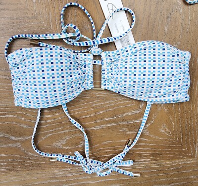 Minkpink Blue Check Multi Bandeau Halter Bikini Top Size Small NWT   
