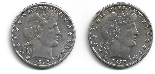 1892-O  + 1893-o Barber Half Dollar - Key Date almost full liberty
