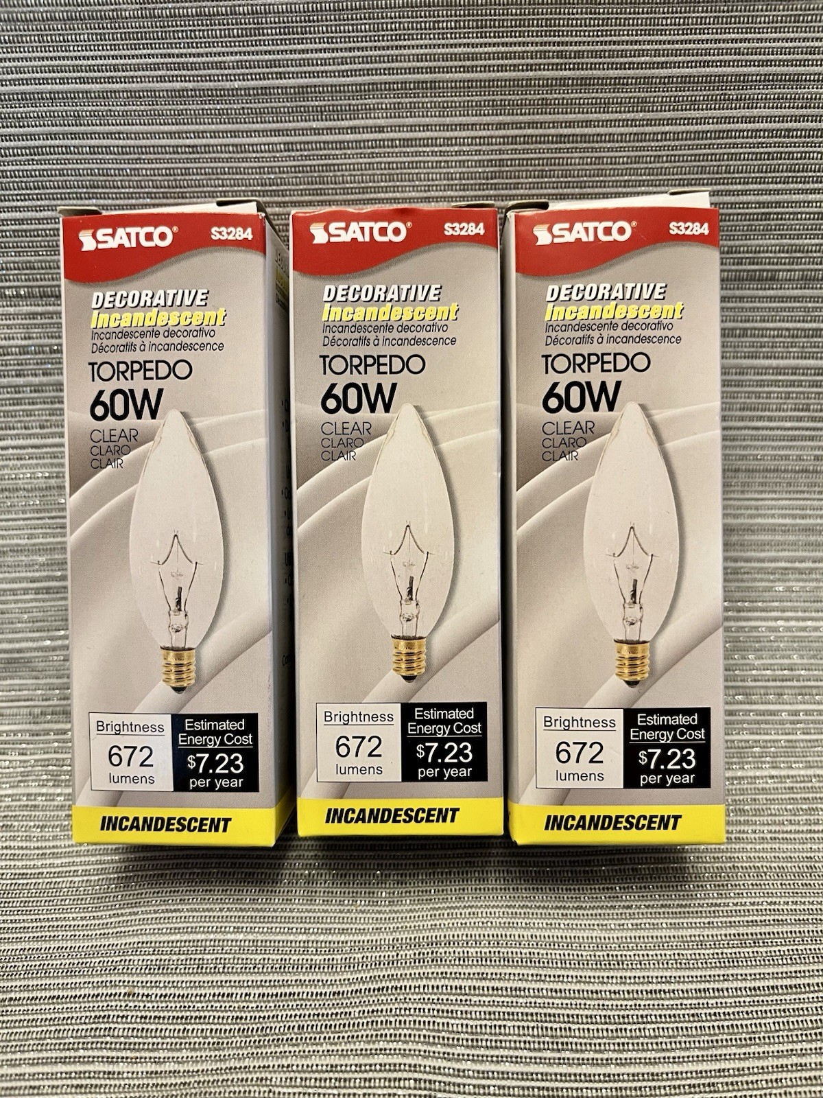 Lot of 3 Satco S3284 60W Clear Torpedo Candelabra Small Base